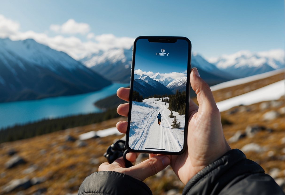 A snowy landscape with a person using a smartphone with the Xfinity Mobile logo, surrounded by mountains and wildlife in Alaska