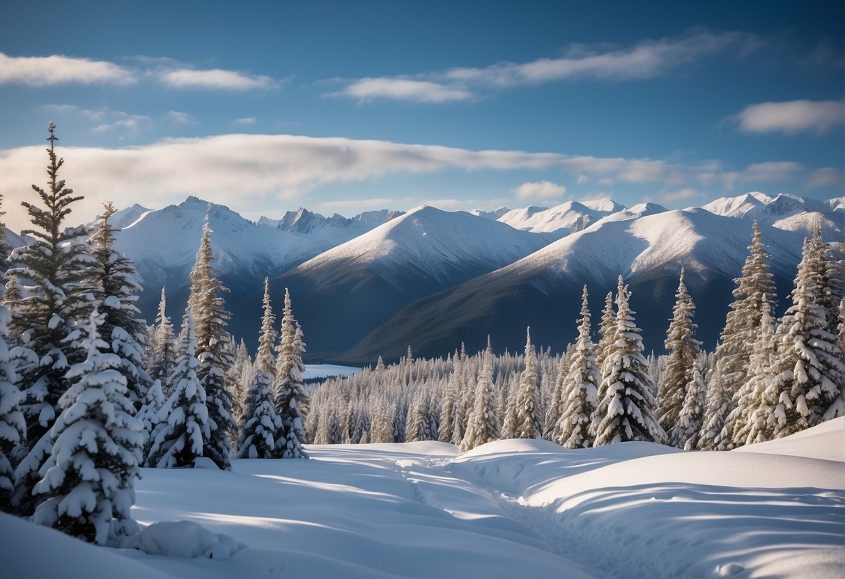 A snowy landscape in Alaska with a mountainous backdrop, showcasing Xfinity Mobile's coverage through a network of cell towers and signal strength indicators