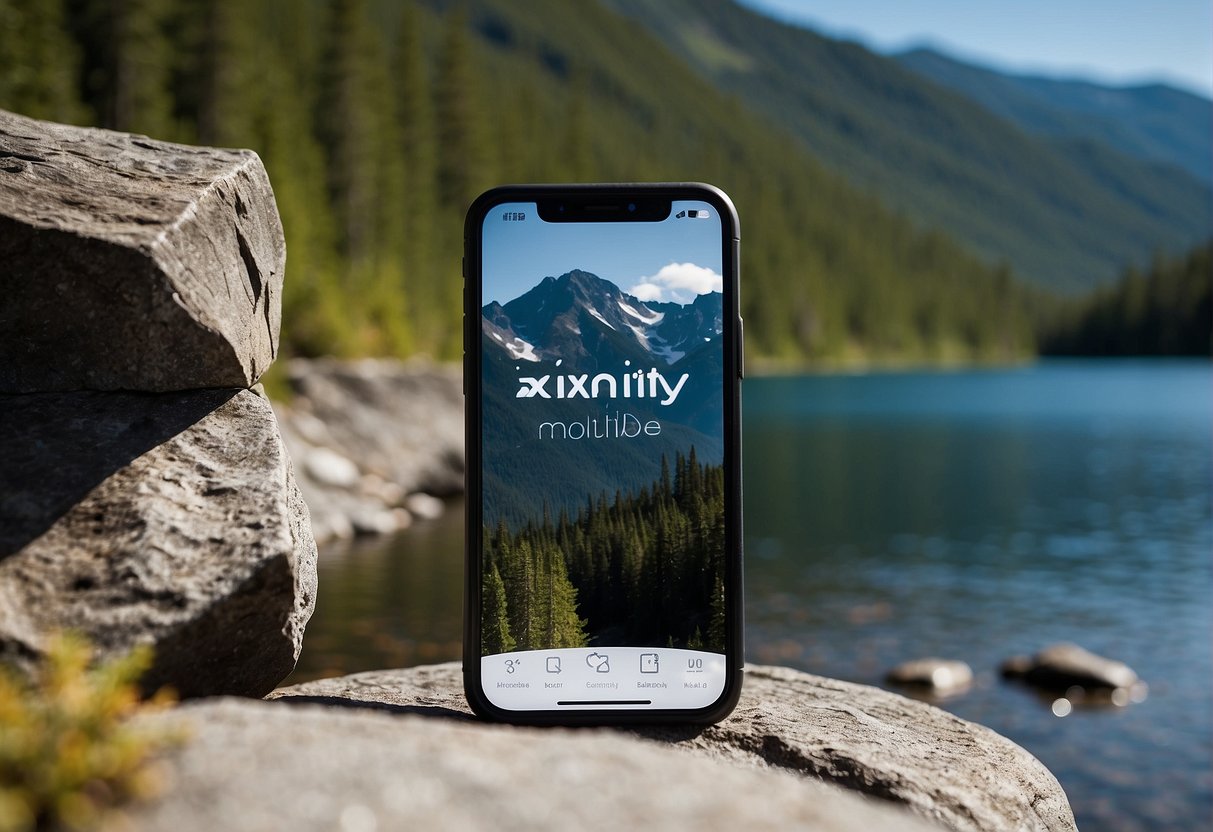 Xfinity Mobile logo displayed against a scenic Alaskan landscape with mountains, forests, and a clear blue sky