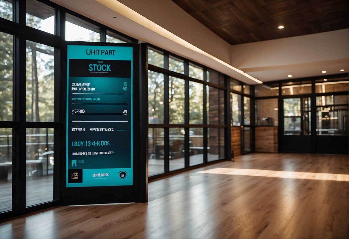 A keycard unlocks a sleek gym entrance, revealing a pool, sauna, and fitness classes. A price list shows the cost of membership