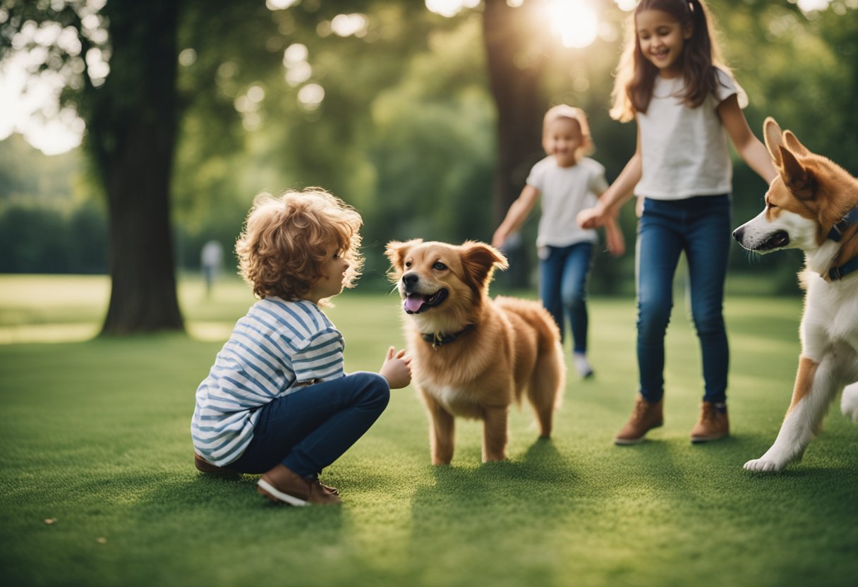 Happy kids playing with friendly, playful dogs in a grassy park