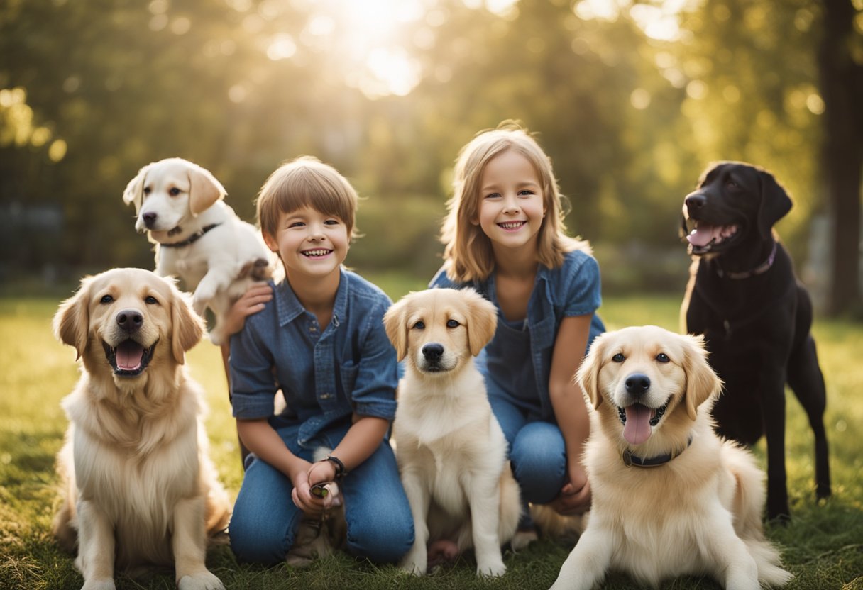 A group of children playing happily with a variety of friendly dog breeds, such as Golden Retrievers, Labradors, and Beagles