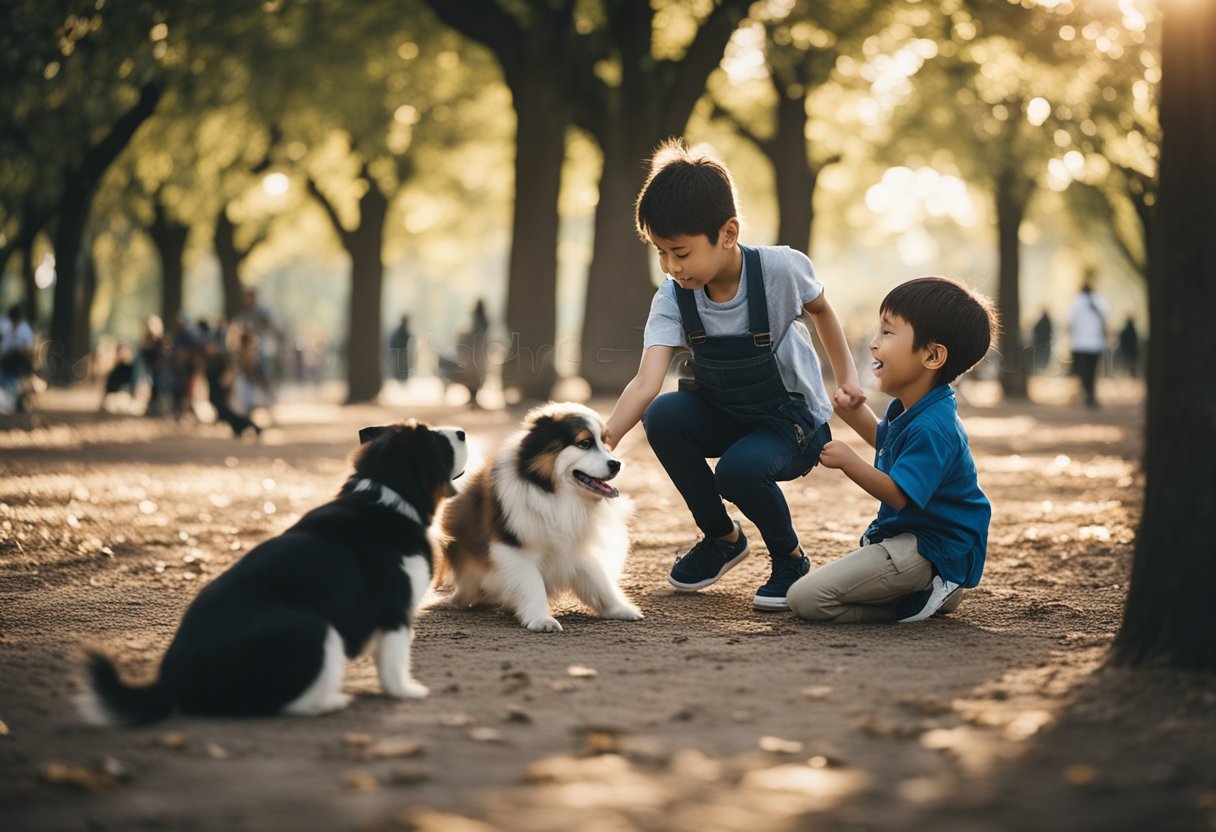 Dogs playing with children in a park, supervised by trainers