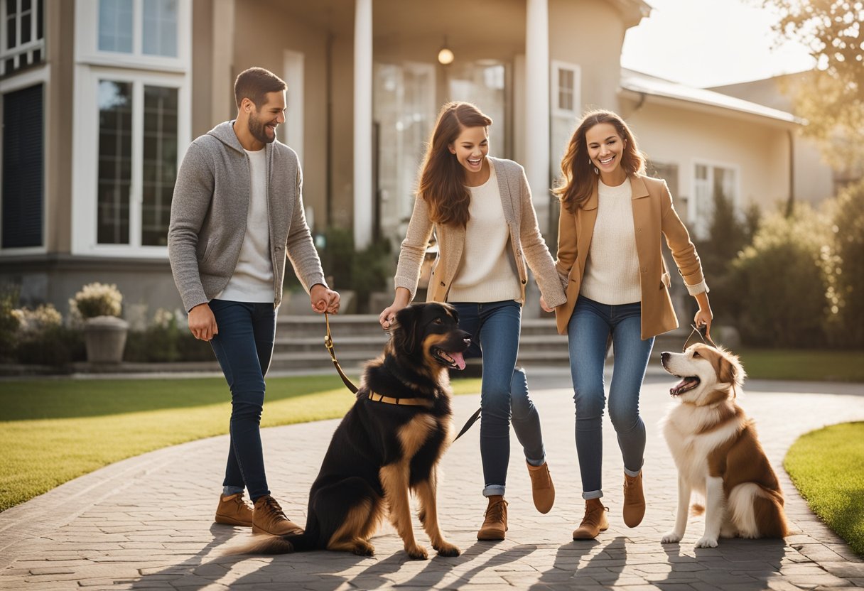 A joyful family playing with a friendly and gentle dog in a safe and welcoming environment, showcasing the perfect integration of dogs and kids