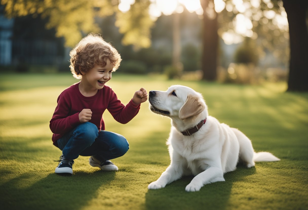 A joyful child plays with a friendly, gentle dog in a safe and clean environment, showing the strong bond between them