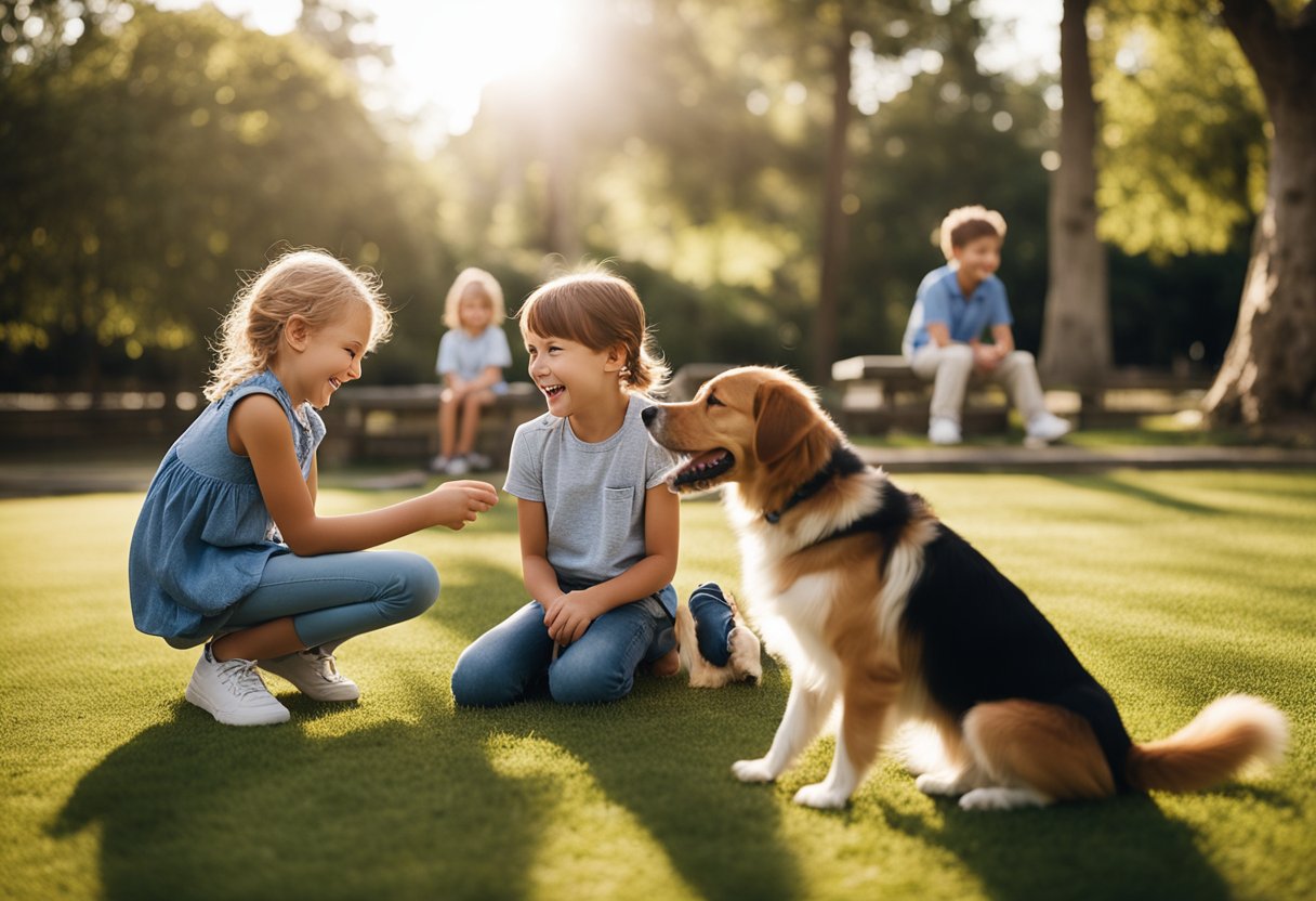 Children playing with friendly dogs in a park, smiling and laughing as they bond with their new furry best friends