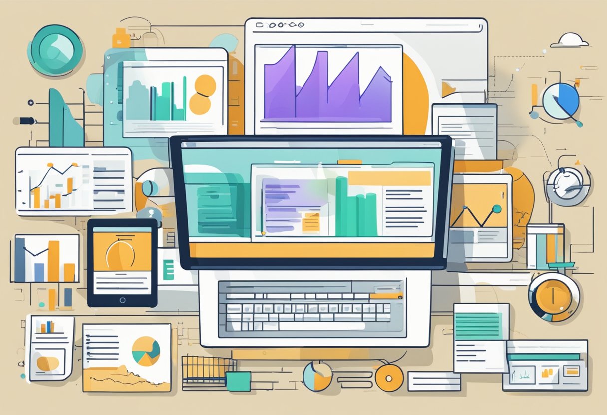 A computer screen displaying various blog niches with low competition, surrounded by charts and graphs showing emerging trends in blogging