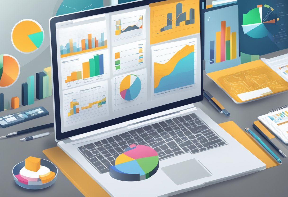 A laptop surrounded by various market research tools and charts, with a spotlight shining on the words "Analyzing Market Gaps Blog Niches with Low Competition."