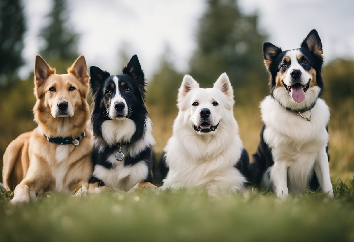 A group of calm and friendly dog breeds sitting together in a peaceful and secure environment