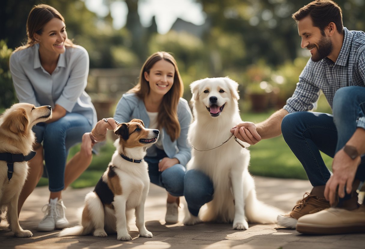 A family playing with a friendly and gentle dog breed, surrounded by a variety of dog breeds, with a sign reading "Safest Dog Breeds" in the background