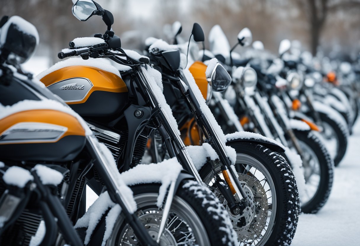 A lineup of motorcycles parked in a snow-covered lot, with icicles hanging from the handlebars and a layer of frost on their windshields