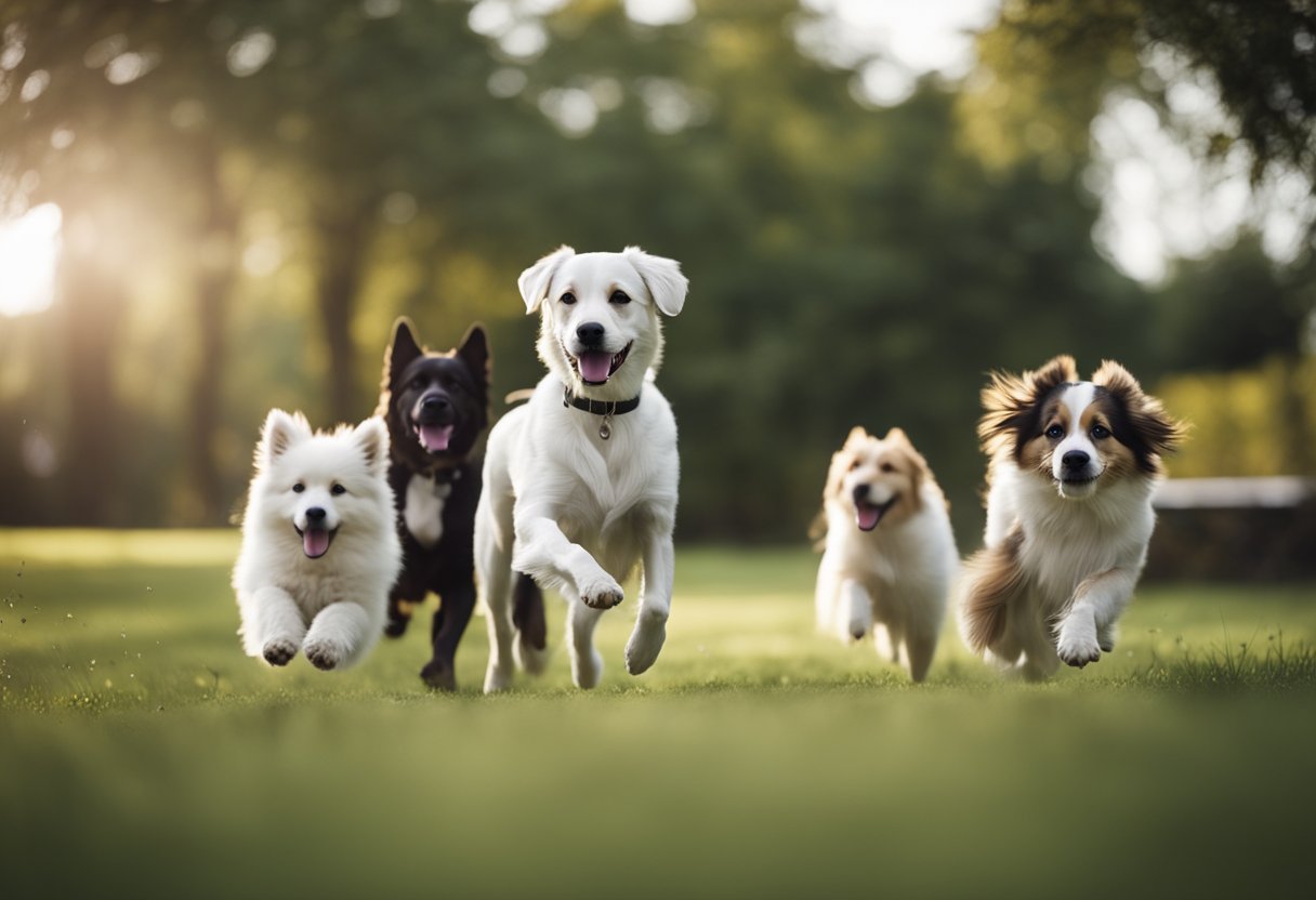 A group of healthy and active dogs of various breeds playing and relaxing in a spacious and clean environment, with clear signs of good care and attention to their wellbeing