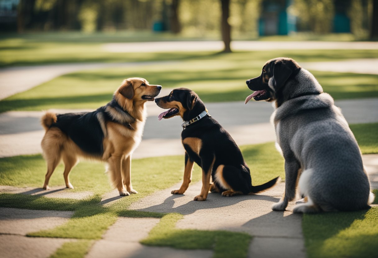 Dogs engaged in obedience training and socializing with other canines in a controlled environment