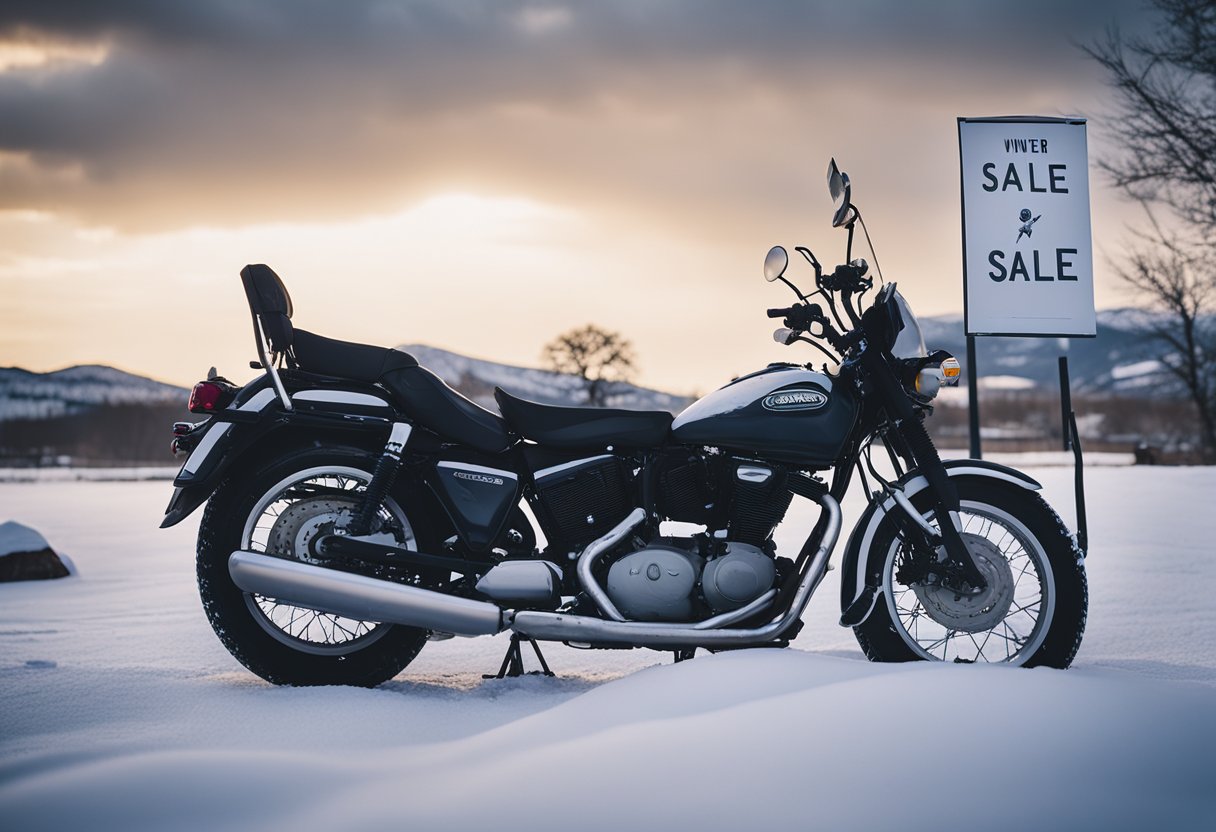 A motorcycle parked in a snow-covered lot with a "Winter Sale" sign displayed prominently. The surrounding landscape is cold and desolate, with a few scattered snowflakes falling from the sky