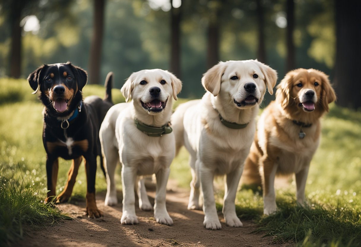 The scene depicts a group of calm and well-behaved dogs of various breeds engaging in safe and breed-specific behaviors