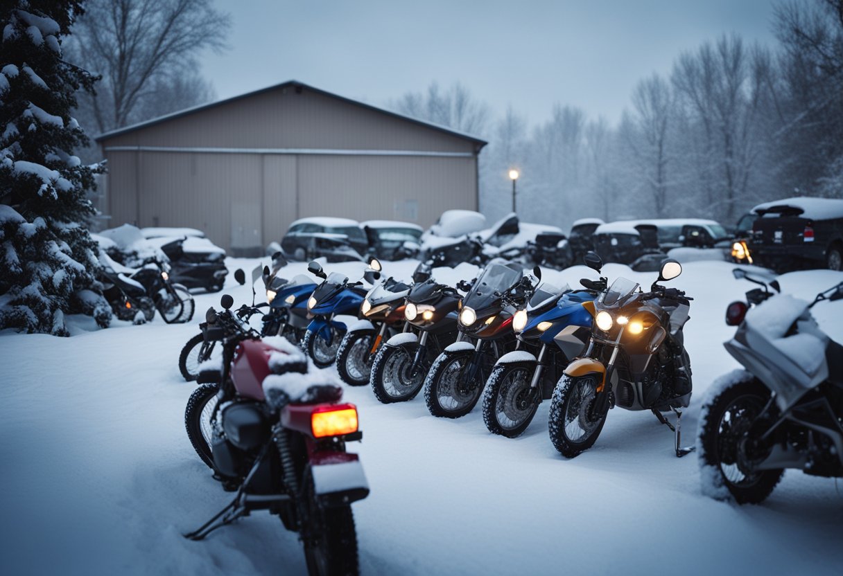 Motorcycles parked in a snow-covered lot with price tags and discount signs displayed. Snowflakes falling, and a cold, desolate atmosphere