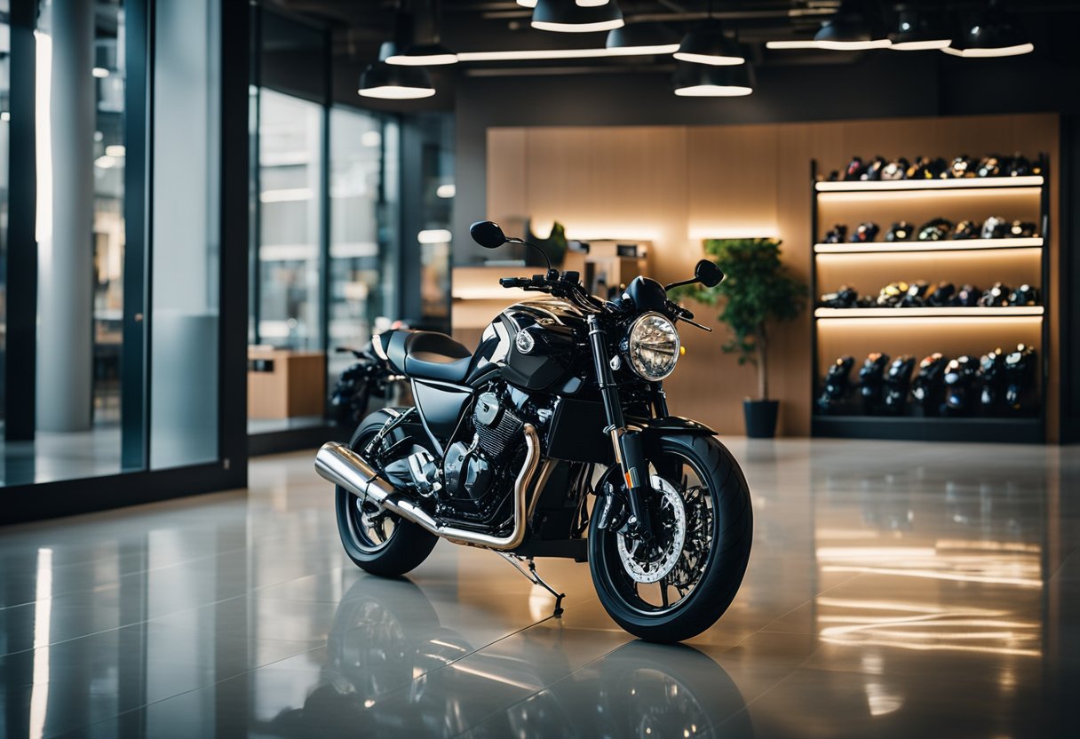 A brand new motorcycle parked in a sleek showroom, surrounded by bright lights and polished floors. A sign nearby displays warranty information