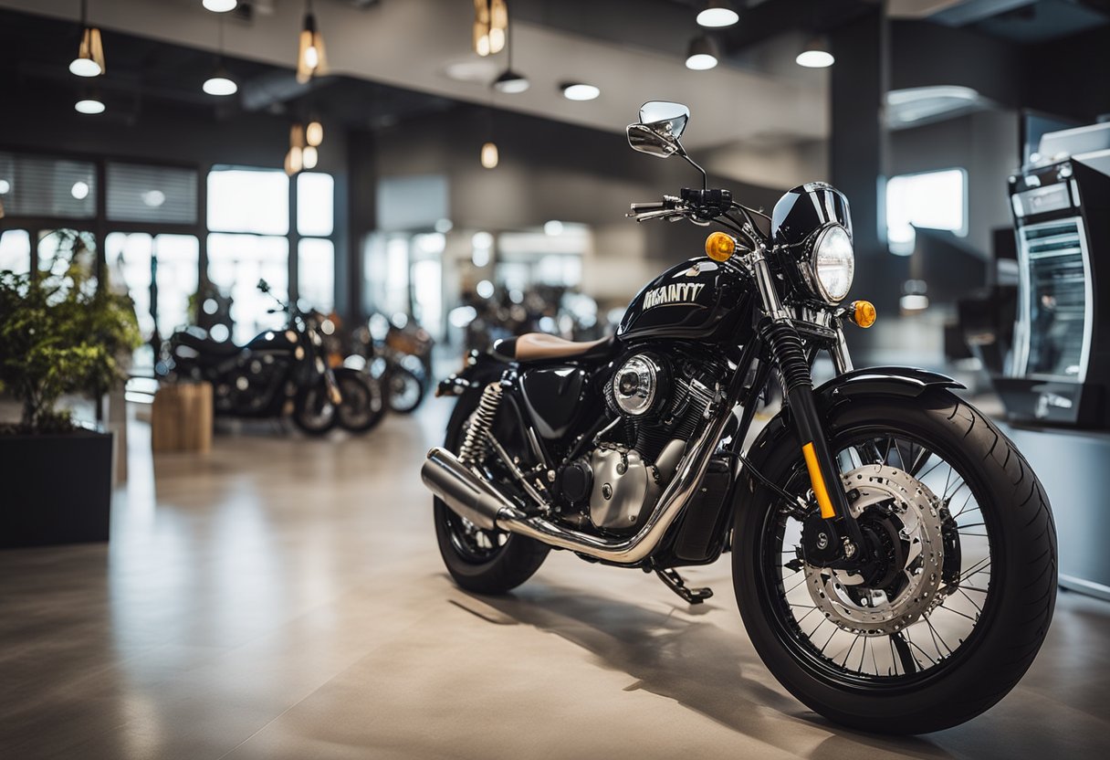 A motorcycle parked in a showroom with a sign displaying "Warranty Duration" and a question "Do Motorcycles Have a Warranty?" prominently featured