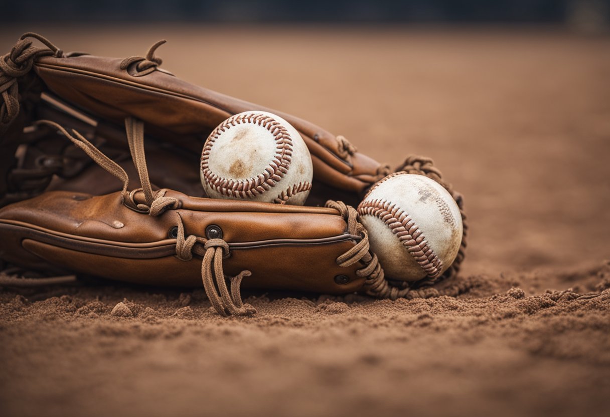 A worn baseball glove lies on a dusty field, with frayed laces and a faded logo, surrounded by scattered baseballs and a worn-out bat