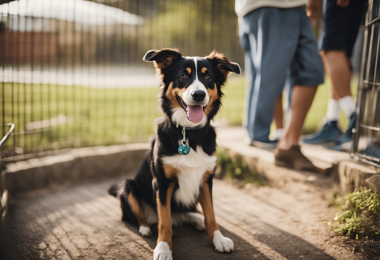 A happy dog sitting in a shelter kennel, while a family walks past, looking at the dogs available for adoption