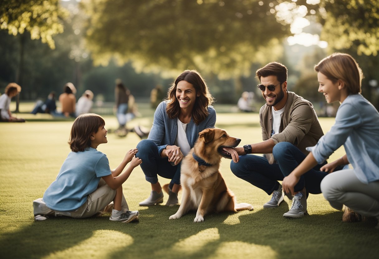 A happy family playing with a newly adopted dog in a park, while a forlorn-looking dog sits in a shelter kennel