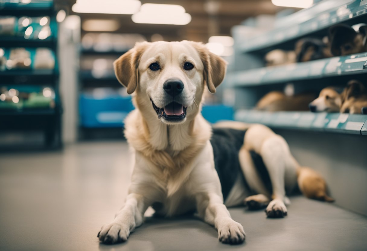 A happy, healthy dog from a shelter sits next to a sad, sickly dog in a pet store