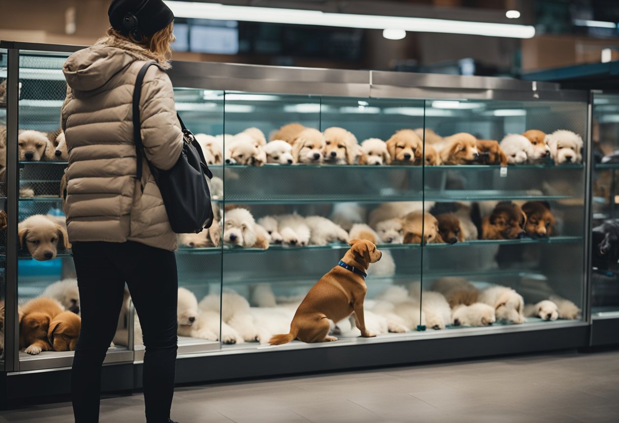 A person stands between a pet store and an animal shelter, weighing the options of buying a dog or adopting one. The store displays purebred puppies, while the shelter showcases a variety of mixed-breed dogs