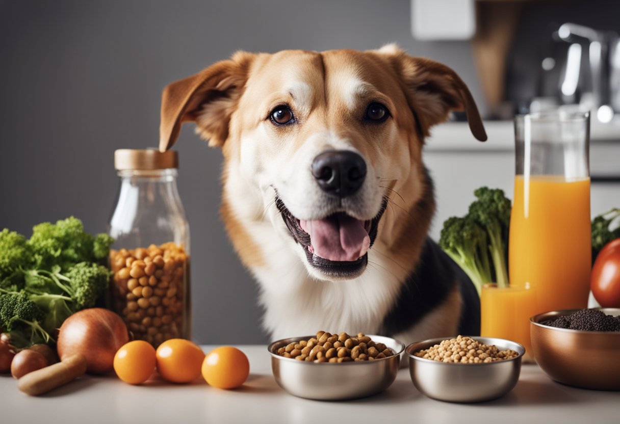 A happy dog with a shiny coat eating a bowl of nutritious dog food, surrounded by healthy ingredients like meat, vegetables, and grains