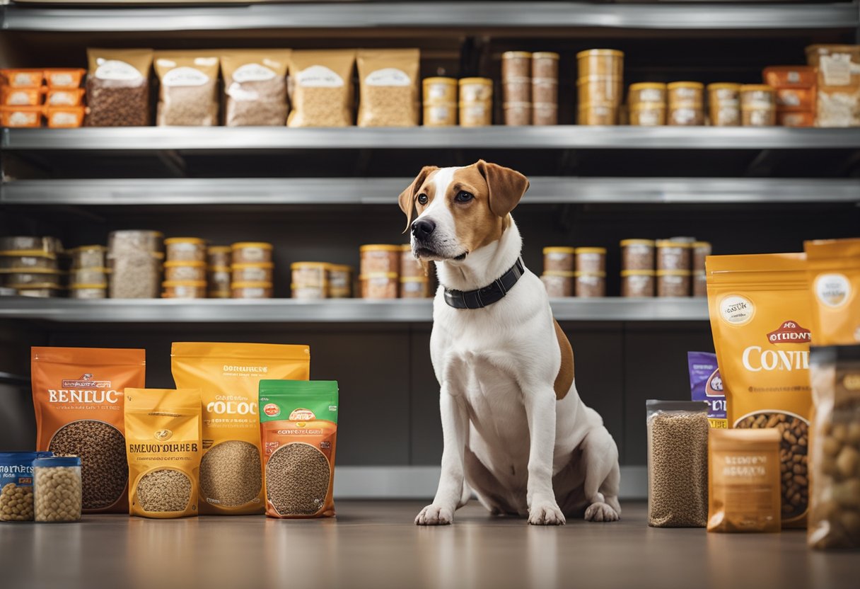 A dog standing in front of a variety of dog food options, with a thoughtful expression on its face as it carefully selects the best dog food