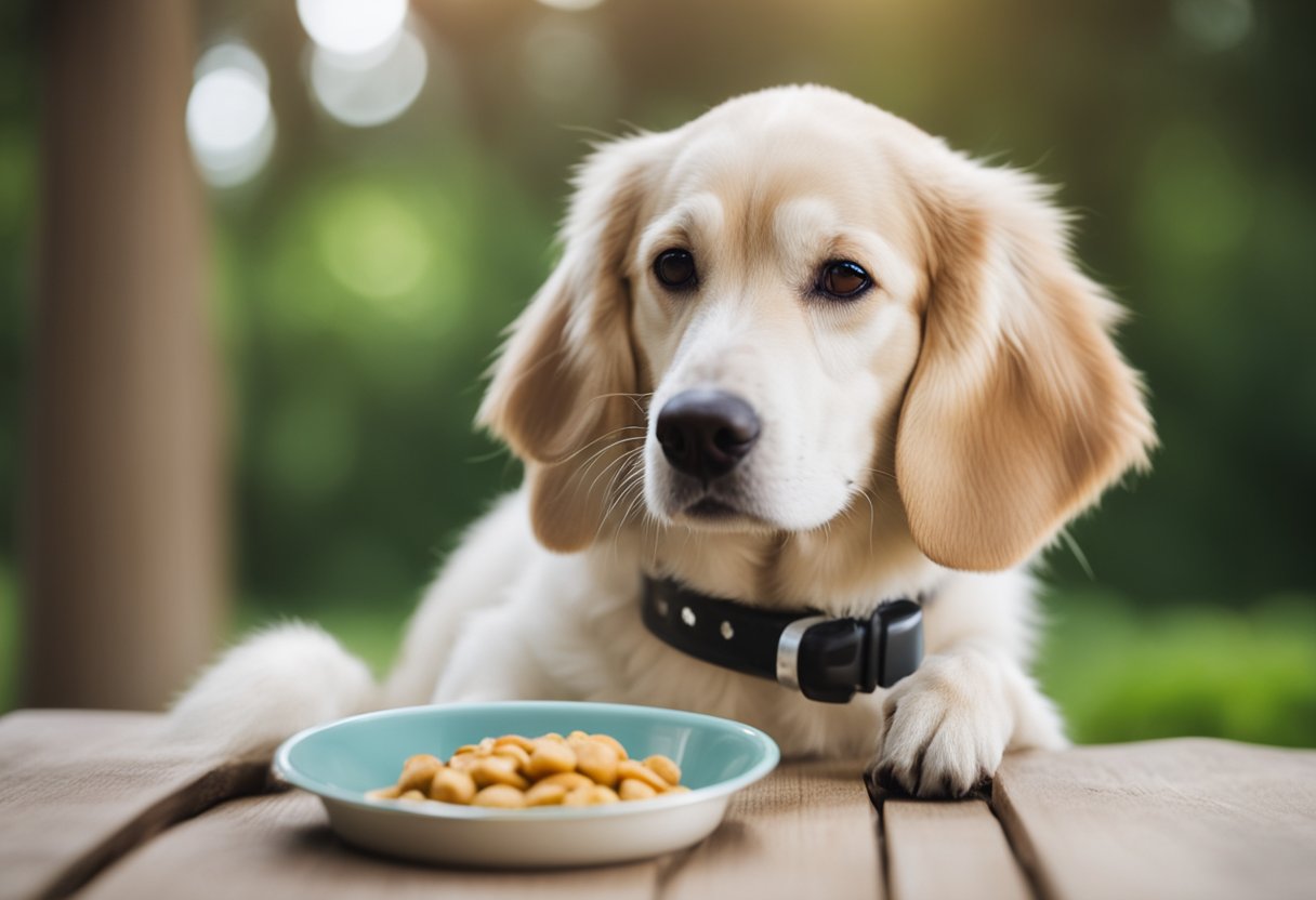 A dog with a food bowl labeled "Special Dietary Needs" eating from it happily