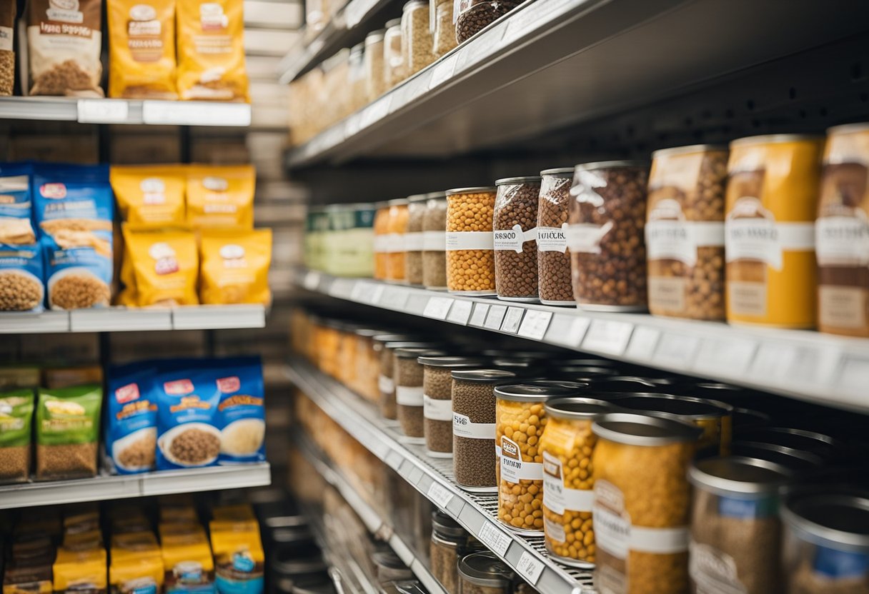 Various types of dog food, including kibble, wet food, and raw options, are displayed on shelves in a pet store. Labels tout nutritional benefits and natural ingredients