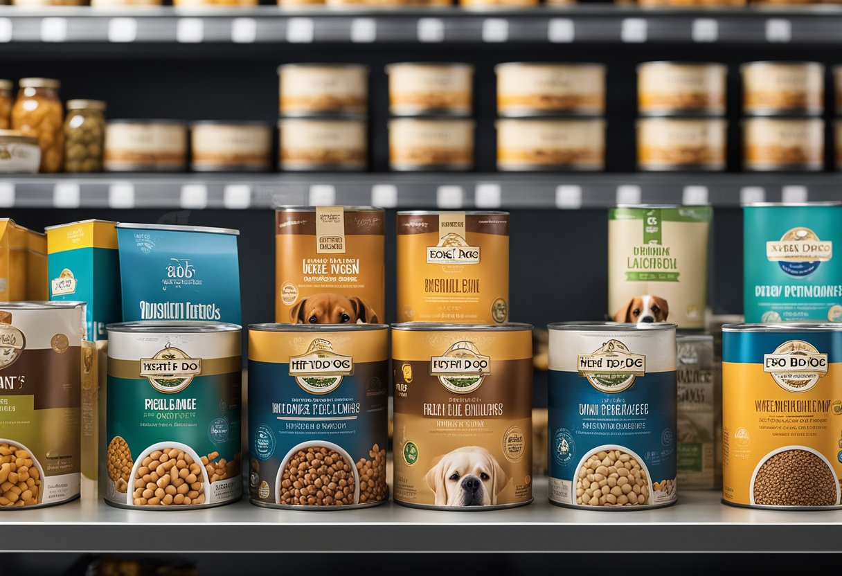 Various top dog food brands and products are arranged on a clean, well-lit display shelf, showcasing their packaging and labels