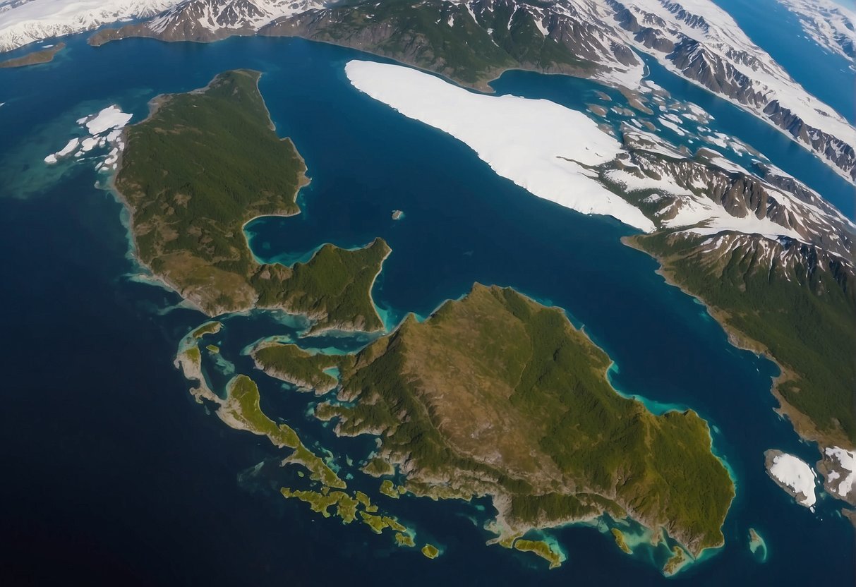 Alaska and Russia separated by vast ocean, icy winds, and treacherous terrain. No direct flight possible due to logistical and environmental challenges