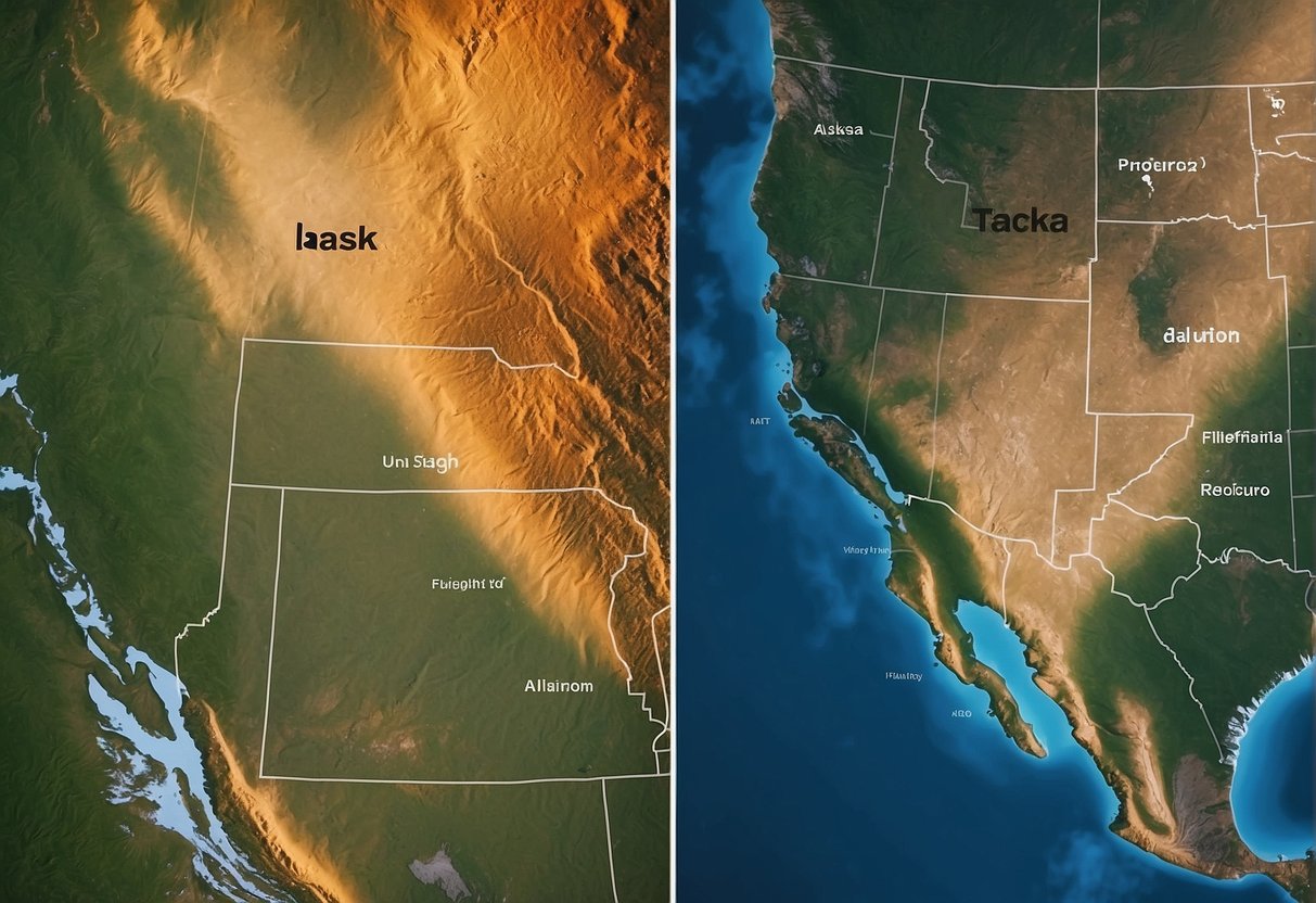 Alaska and Texas maps side by side, with Alaska appearing larger