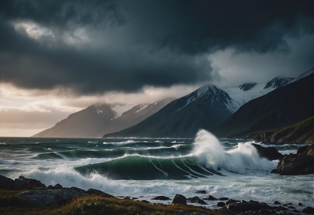 Raging storm over rugged mountains in Alaska, with crashing waves and treacherous cliffs