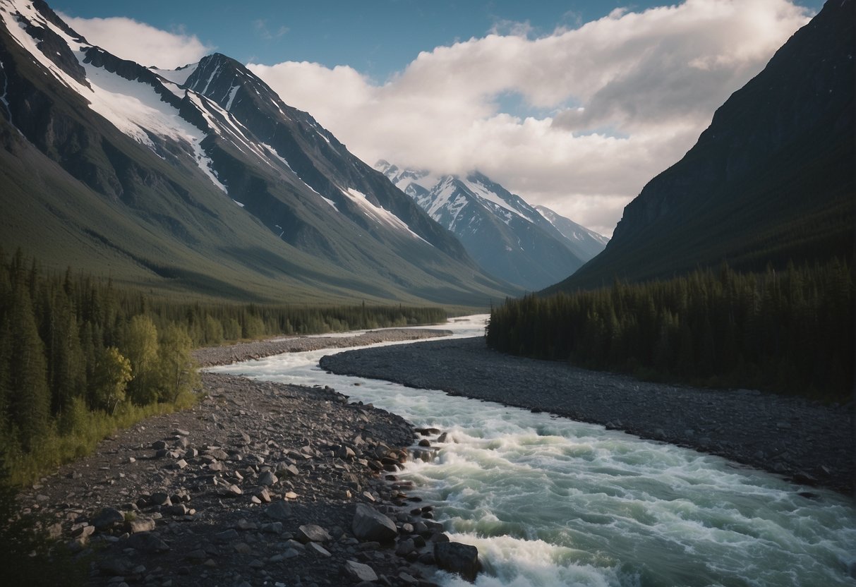 Alaska's rugged terrain: jagged mountains, treacherous glaciers, and unpredictable weather. A raging river cuts through the landscape, while a looming avalanche threatens from above