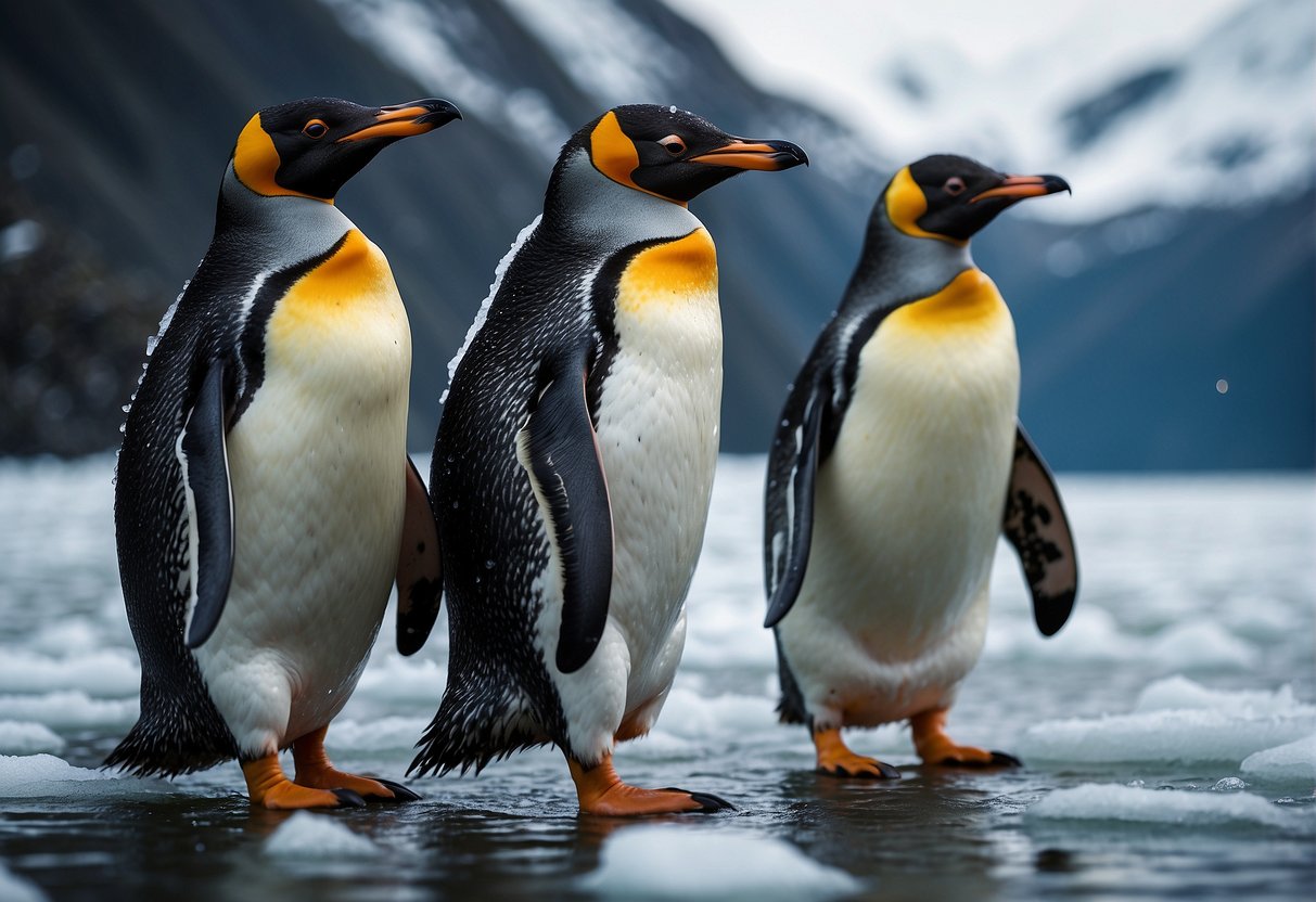 Penguins waddle on icy shores, surrounded by snow-capped mountains and frigid waters