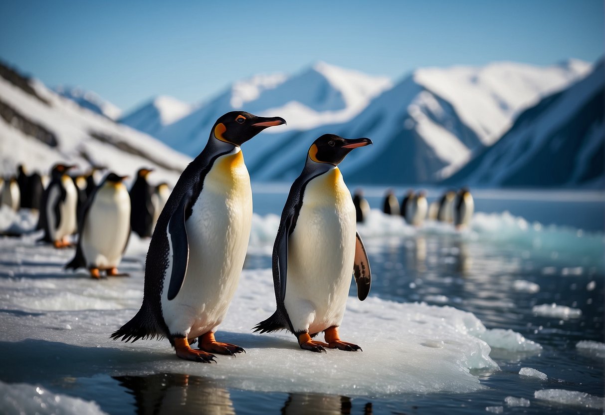 Penguins stand on an icy shoreline in Alaska, surrounded by snow-capped mountains and a clear blue sky