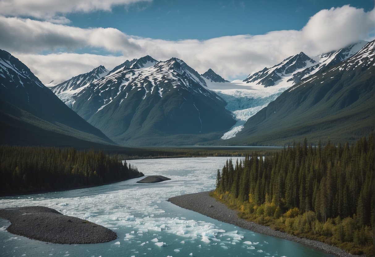 Alaska's landscape: rugged mountains, vast glaciers, and dense forests. An island surrounded by icy waters
