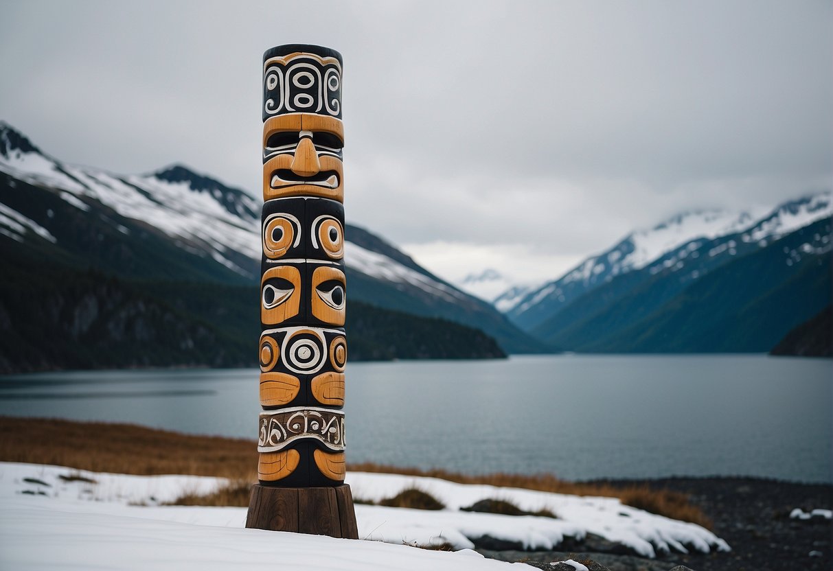 A traditional Alaskan totem pole stands tall amidst snowy mountains and a vast ocean, representing the rich culture and history of the island