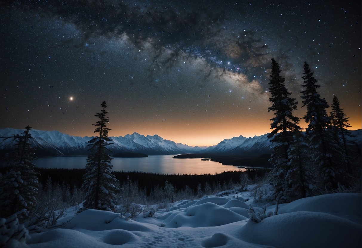 Alaska is enveloped in darkness for 6 months, with snow-covered landscapes and a starry night sky