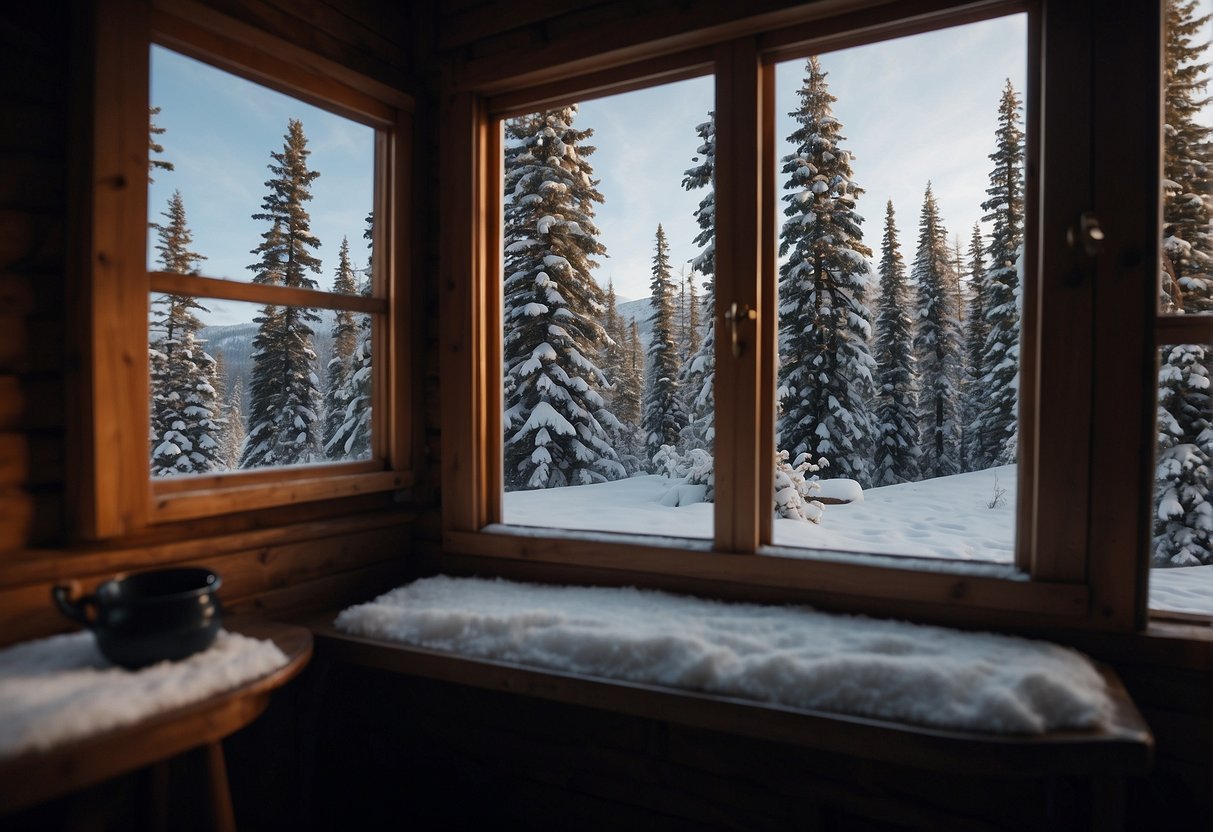 Alaska's Daylight Variations: A remote cabin surrounded by snow, with a dimly lit window showing the darkness outside for six months