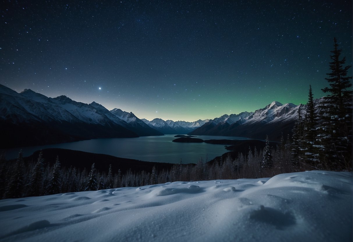 Alaska in darkness for 6 months, with snow-covered landscape and starry night sky