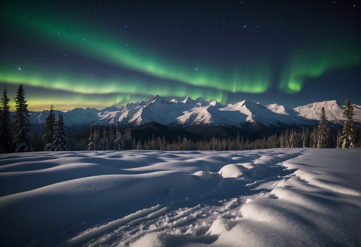 Alaska's unique daylight patterns: A vast landscape of snow-capped mountains under a starry night sky, with the faint glow of the Northern Lights in the distance