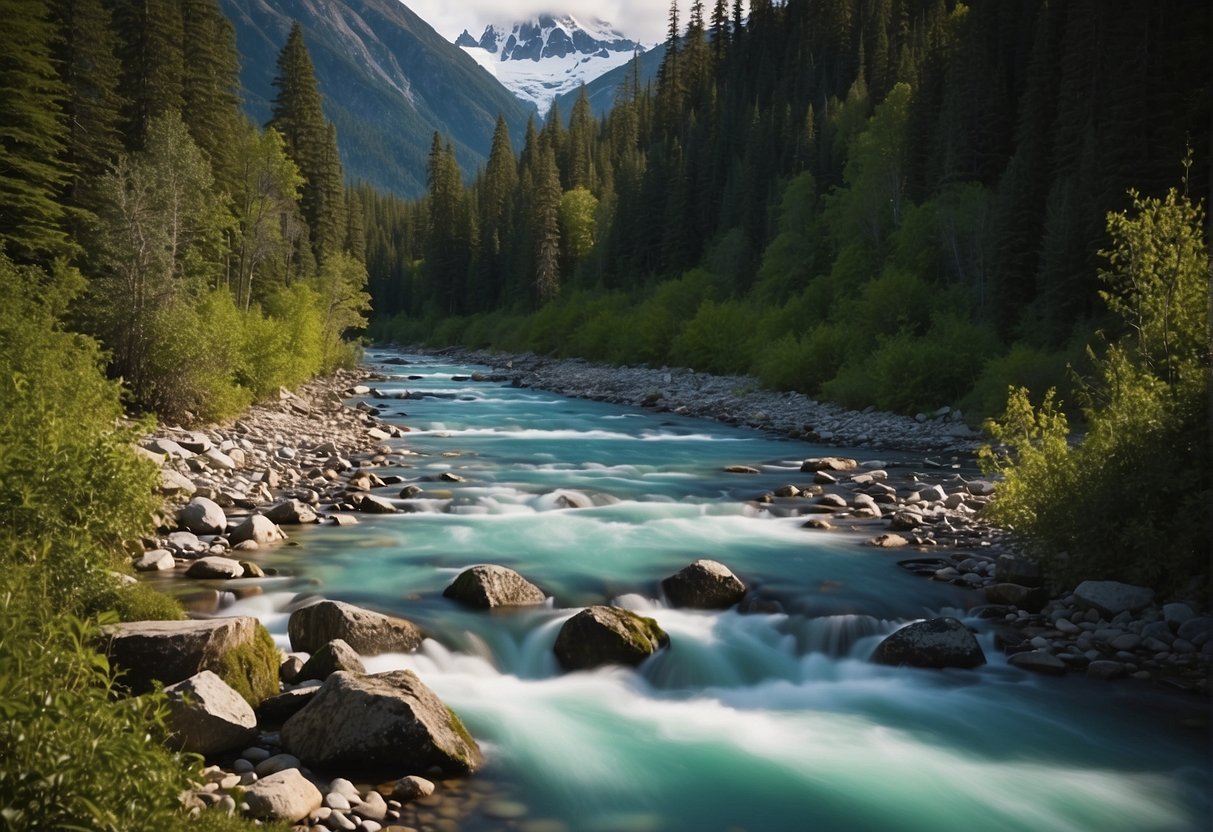 Snow-capped mountains tower over lush forests and crystalline rivers, reflecting the diverse natural beauty and rich indigenous heritage of Alaska, a vital part of the United States