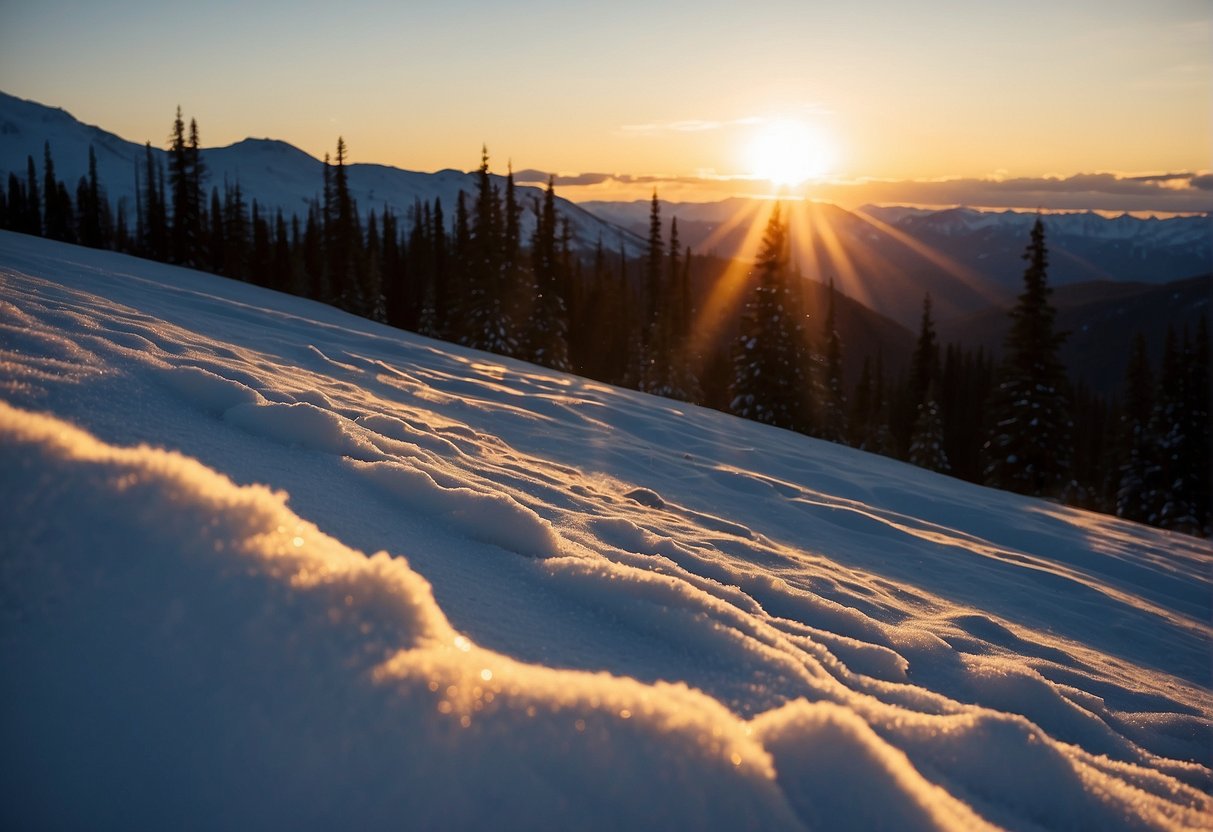 The sun dips below the horizon, casting a soft glow over the snow-covered landscape. Shadows lengthen, and the sky transitions from golden to deep blue, marking the arrival of darkness in Alaska