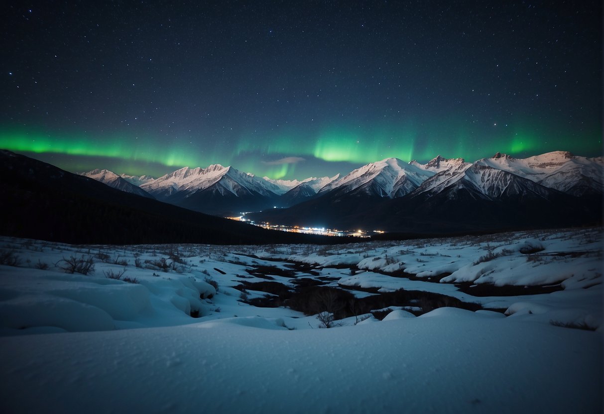 Alaska's prolonged darkness illustrated by a starry night sky over snow-covered landscapes, with a hint of the northern lights in the distance