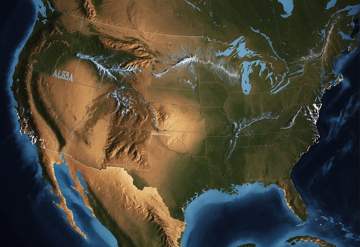 Alaska dwarfs Texas in a geographical comparison. Illustrate Alaska as significantly larger in size, emphasizing its vastness over Texas