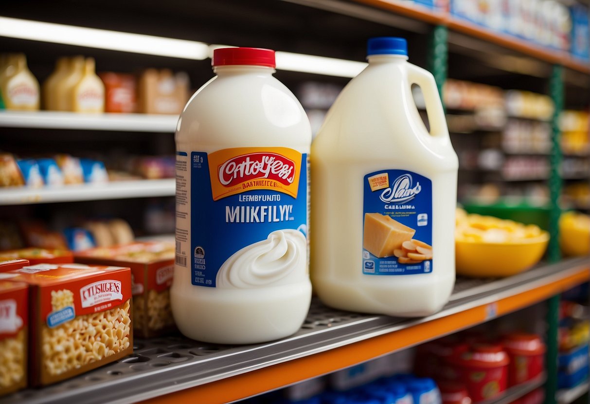 A gallon of milk sits on a grocery store shelf in Alaska, surrounded by other dairy products and food items