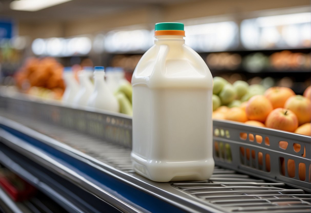 A gallon of milk sits on a grocery store shelf in Alaska, with a price tag displayed next to it